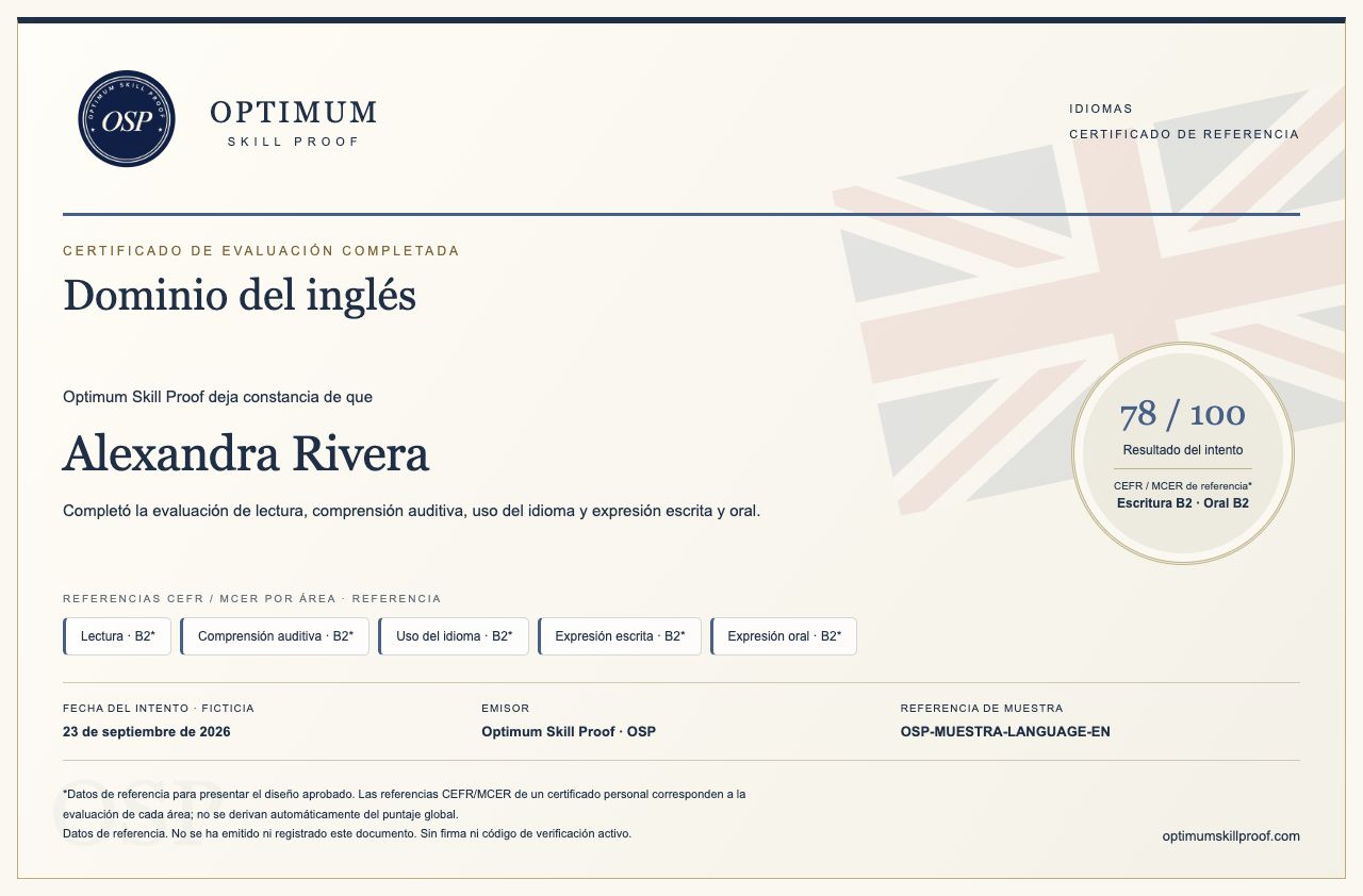 Certificado de inglés con el diseño aprobado de Optimum Skill Proof: sello OSP, bandera de fondo y referencias CEFR / MCER por área. Datos de referencia.
